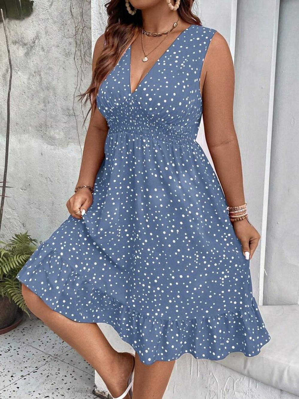 SHEIN Blue Polka Dot V-Neck Midi Dress